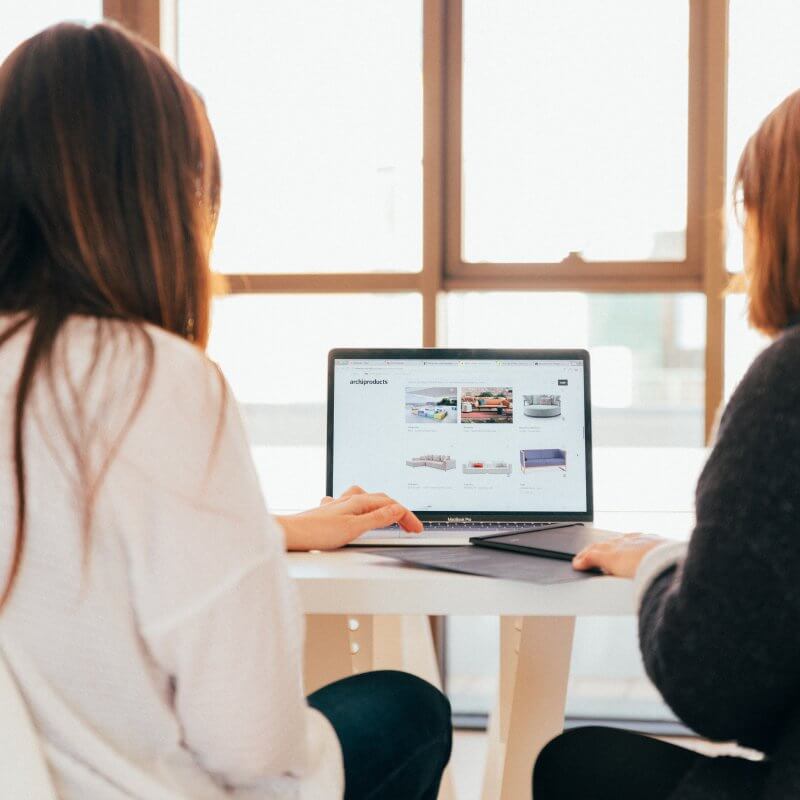 Two women working on a website